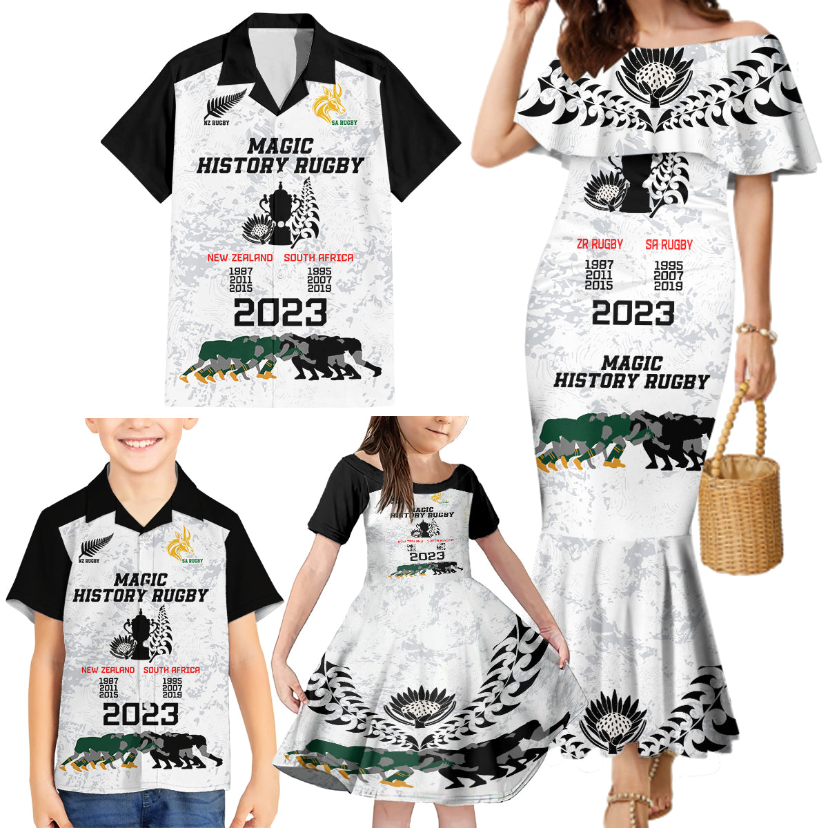 New Zealand South Africa Rugby Family Matching Mermaid Dress and Hawaiian Shirt History Commemorative World Cup Winners Unique LT9 - Polynesian Pride