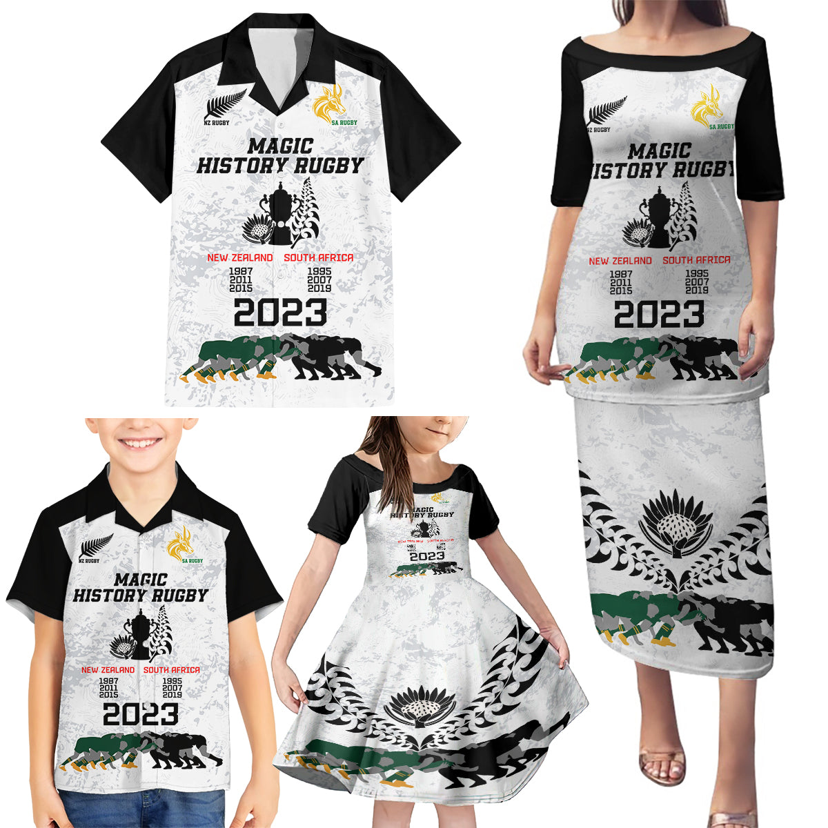 New Zealand South Africa Rugby Family Matching Puletasi Dress and Hawaiian Shirt History Commemorative World Cup Winners Unique LT9 - Polynesian Pride