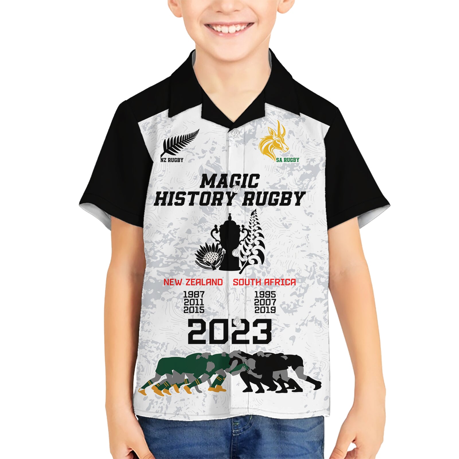 New Zealand South Africa Rugby Kid Hawaiian Shirt History Commemorative World Cup Winners Unique LT9 Kid White - Polynesian Pride