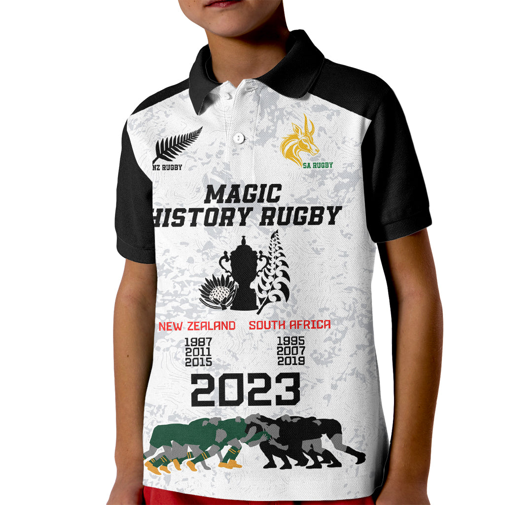 New Zealand South Africa Rugby Kid Polo Shirt History Commemorative World Cup Winners Unique LT9 Kid White - Polynesian Pride