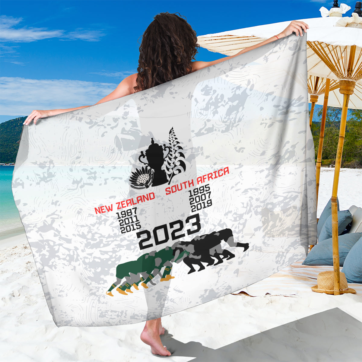 New Zealand South Africa Rugby Sarong History Commemorative World Cup Winners Unique LT9 One Size 44 x 66 inches White - Polynesian Pride