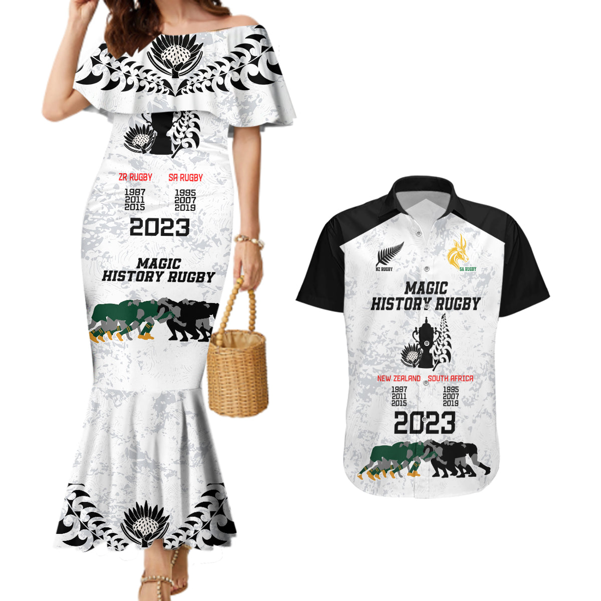 Custom New Zealand South Africa Rugby Couples Matching Mermaid Dress and Hawaiian Shirt History Commemorative World Cup Winners Unique LT9 White - Polynesian Pride