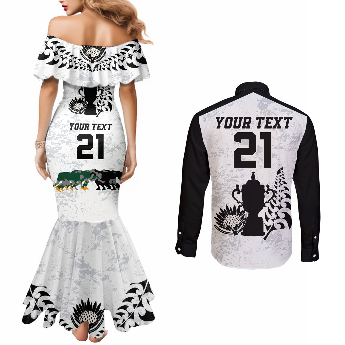 Custom New Zealand South Africa Rugby Couples Matching Mermaid Dress and Long Sleeve Button Shirt History Commemorative World Cup Winners Unique LT9 - Polynesian Pride