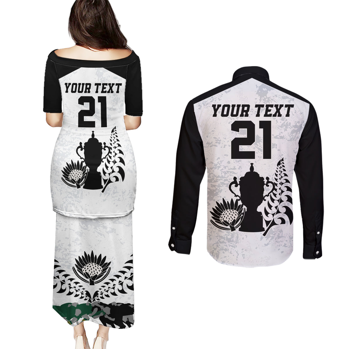 Custom New Zealand South Africa Rugby Couples Matching Puletasi Dress and Long Sleeve Button Shirt History Commemorative World Cup Winners Unique LT9 - Polynesian Pride