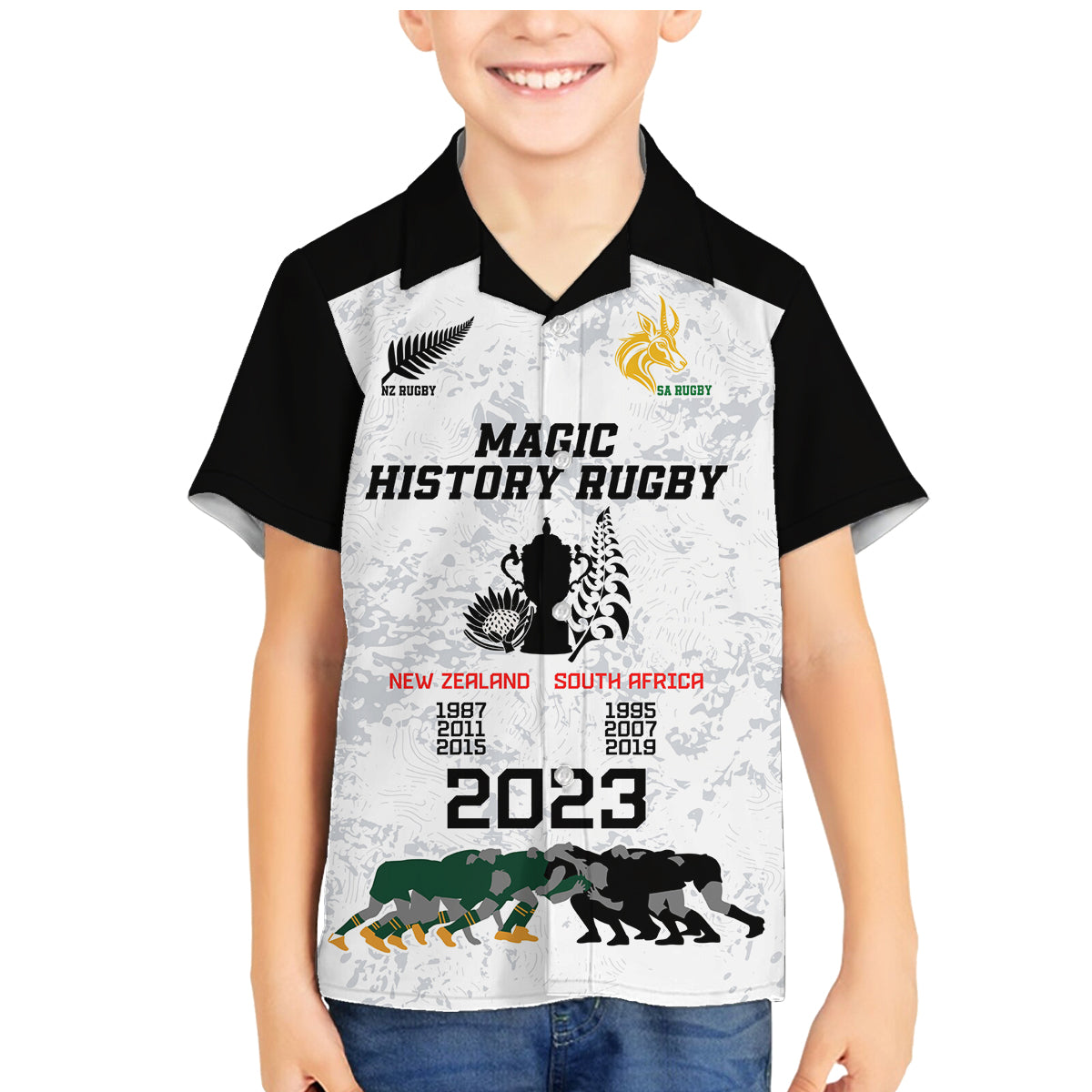 Custom New Zealand South Africa Rugby Family Matching Mermaid Dress and Hawaiian Shirt History Commemorative World Cup Winners Unique LT9 Son's Shirt White - Polynesian Pride