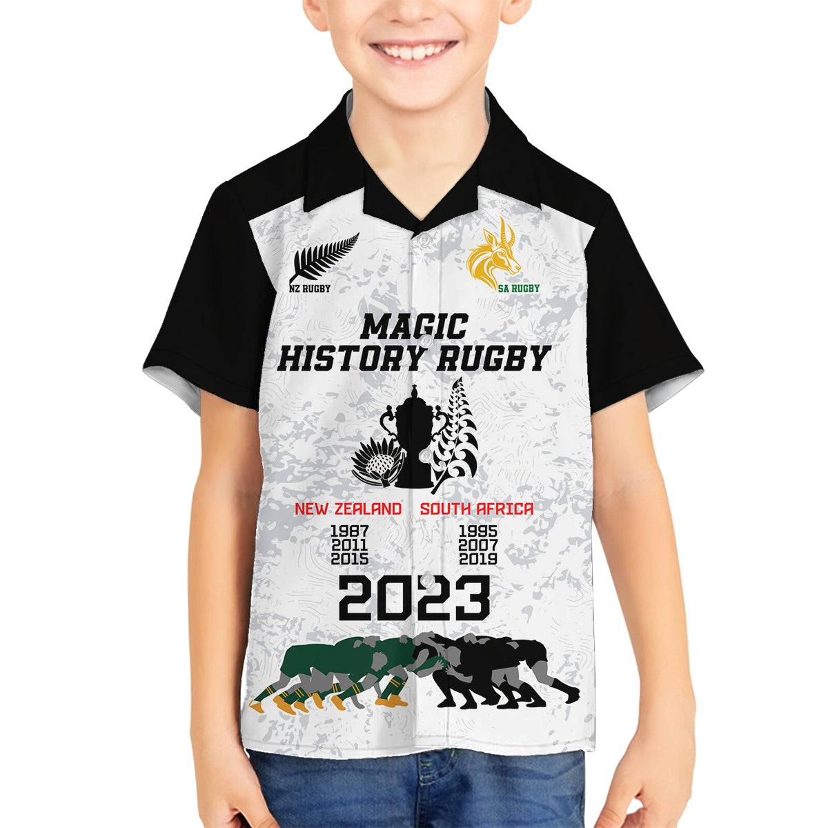 Custom New Zealand South Africa Rugby Family Matching Off Shoulder Maxi Dress and Hawaiian Shirt History Commemorative World Cup Winners Unique LT9 Son's Shirt White - Polynesian Pride