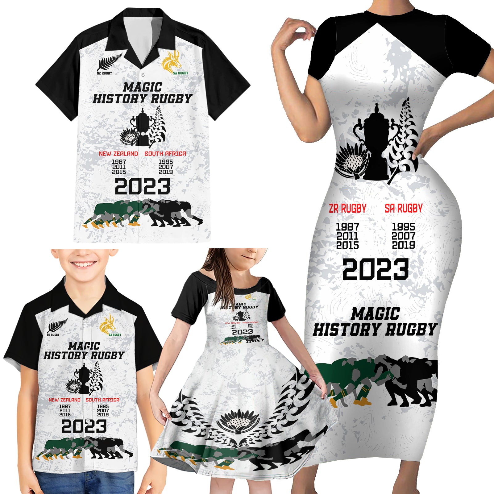 Custom New Zealand South Africa Rugby Family Matching Short Sleeve Bodycon Dress and Hawaiian Shirt History Commemorative World Cup Winners Unique LT9 - Polynesian Pride