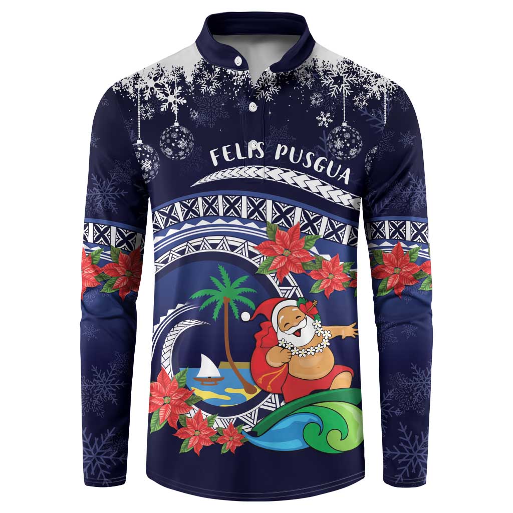 Felis Pusgua Guam Santa Button Sweatshirt Merry Christmas with Polynesian Tribal LT9 Blue - Polynesian Pride