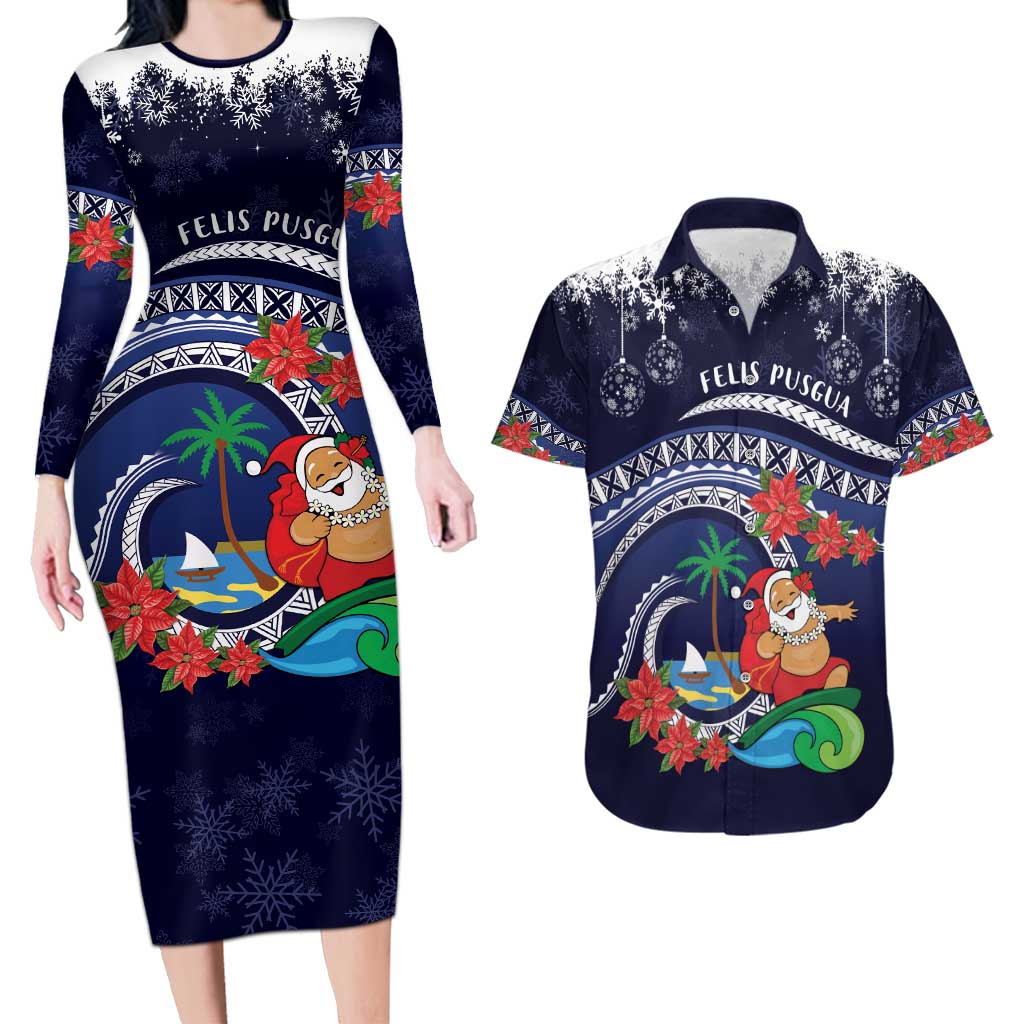 Felis Pusgua Guam Santa Couples Matching Long Sleeve Bodycon Dress and Hawaiian Shirt Merry Christmas with Polynesian Tribal