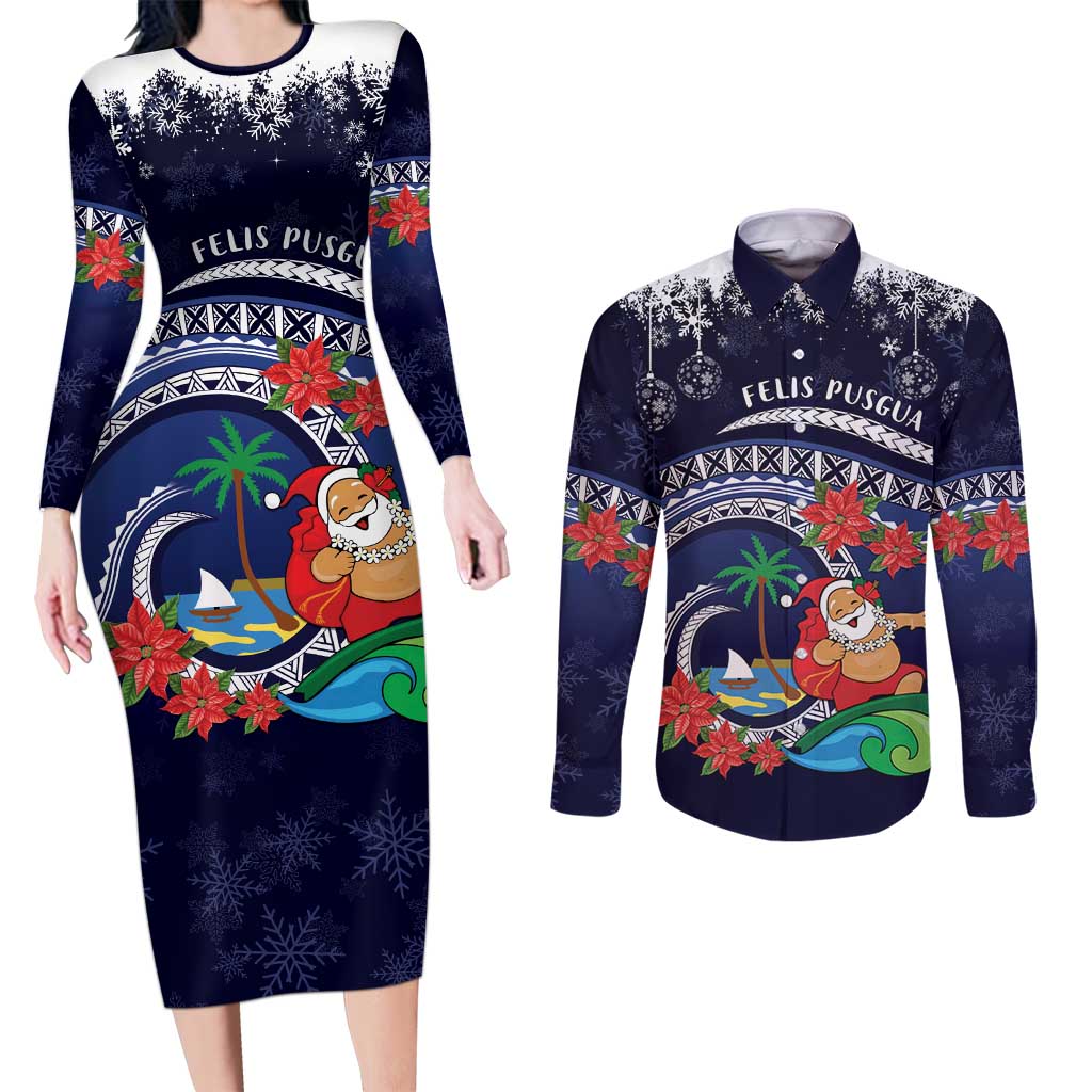 Felis Pusgua Guam Santa Couples Matching Long Sleeve Bodycon Dress and Long Sleeve Button Shirt Merry Christmas with Polynesian Tribal LT9 Blue - Polynesian Pride
