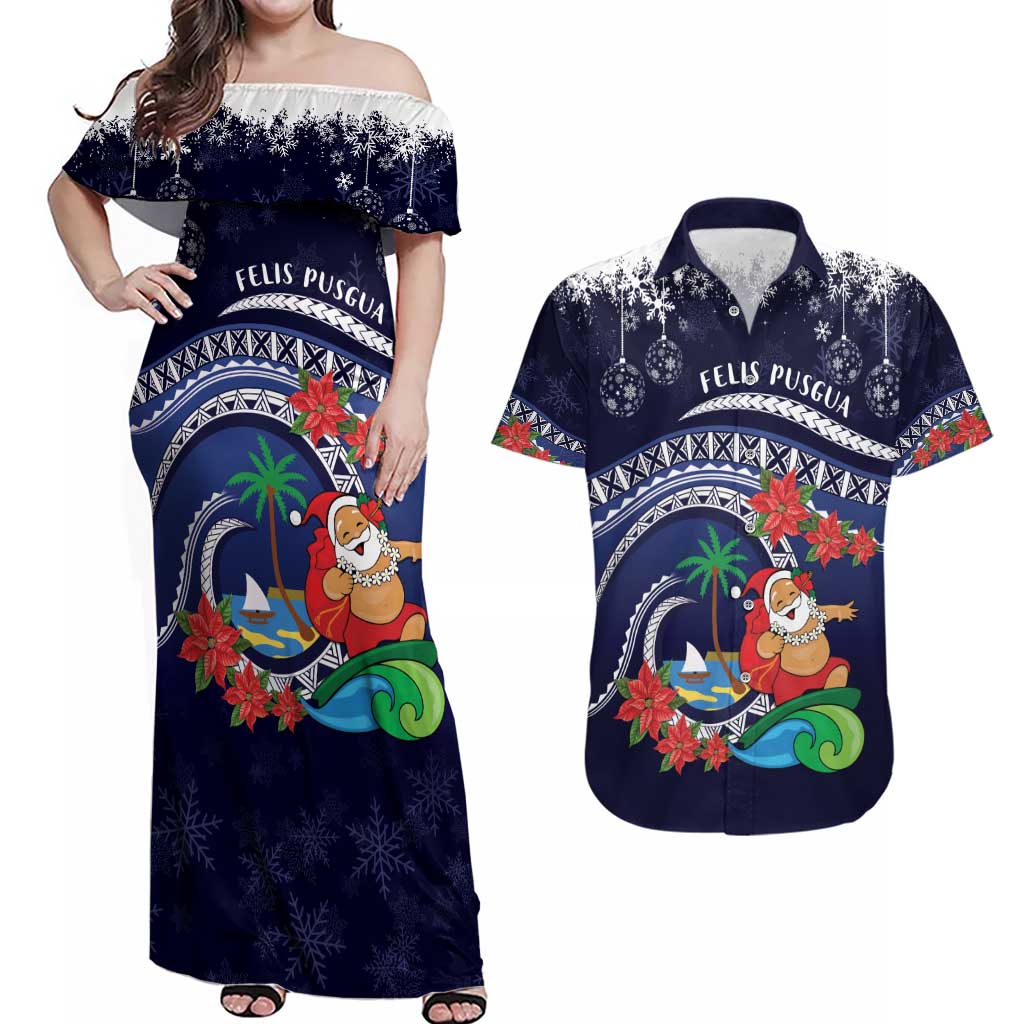 Felis Pusgua Guam Santa Couples Matching Off Shoulder Maxi Dress and Hawaiian Shirt Merry Christmas with Polynesian Tribal