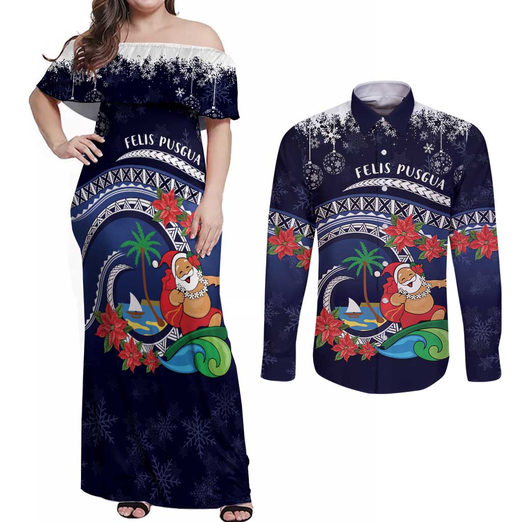 Felis Pusgua Guam Santa Couples Matching Off Shoulder Maxi Dress and Long Sleeve Button Shirt Merry Christmas with Polynesian Tribal