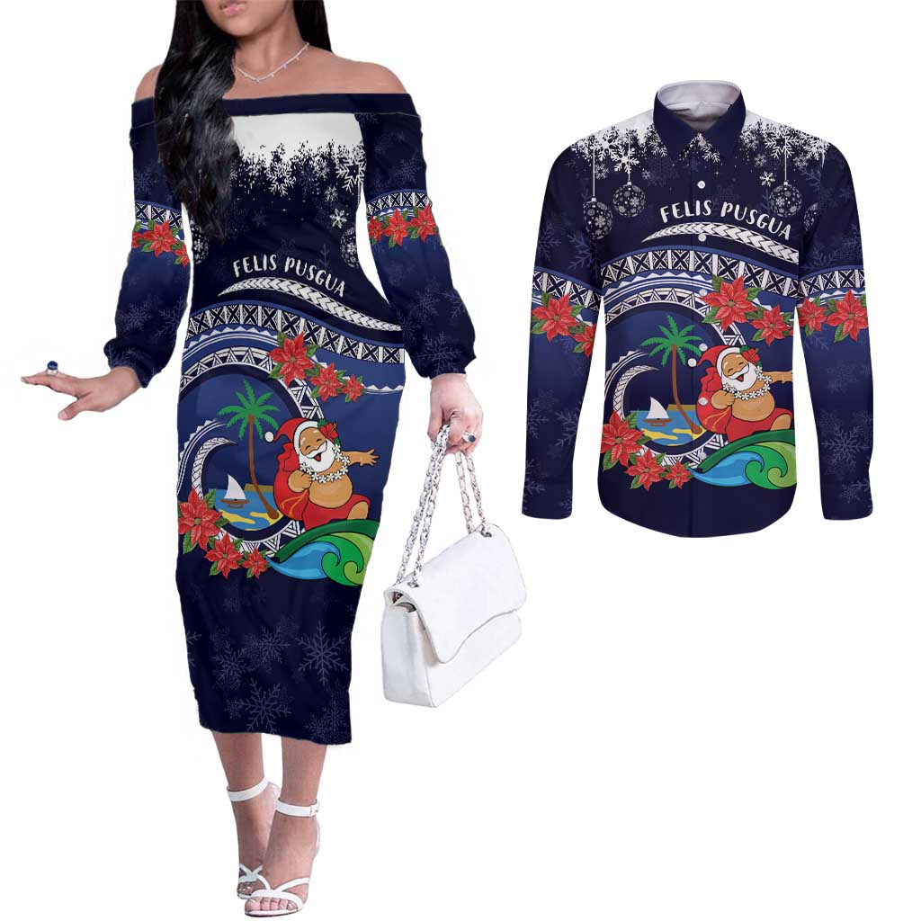 Felis Pusgua Guam Santa Couples Matching Off The Shoulder Long Sleeve Dress and Long Sleeve Button Shirt Merry Christmas with Polynesian Tribal