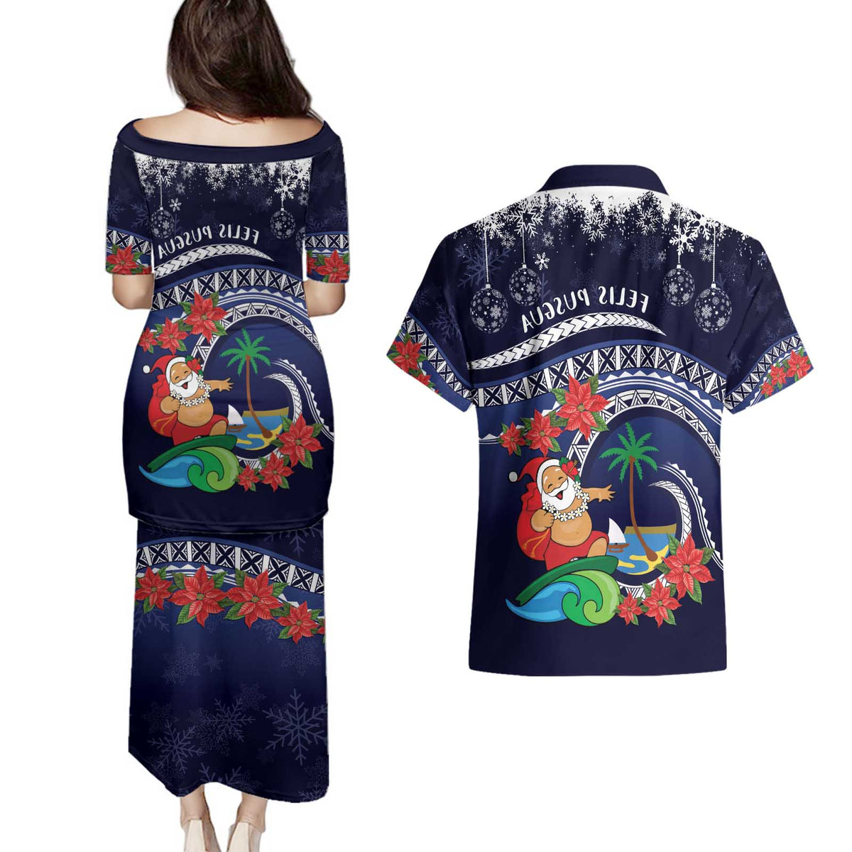 Felis Pusgua Guam Santa Couples Matching Puletasi and Hawaiian Shirt Merry Christmas with Polynesian Tribal