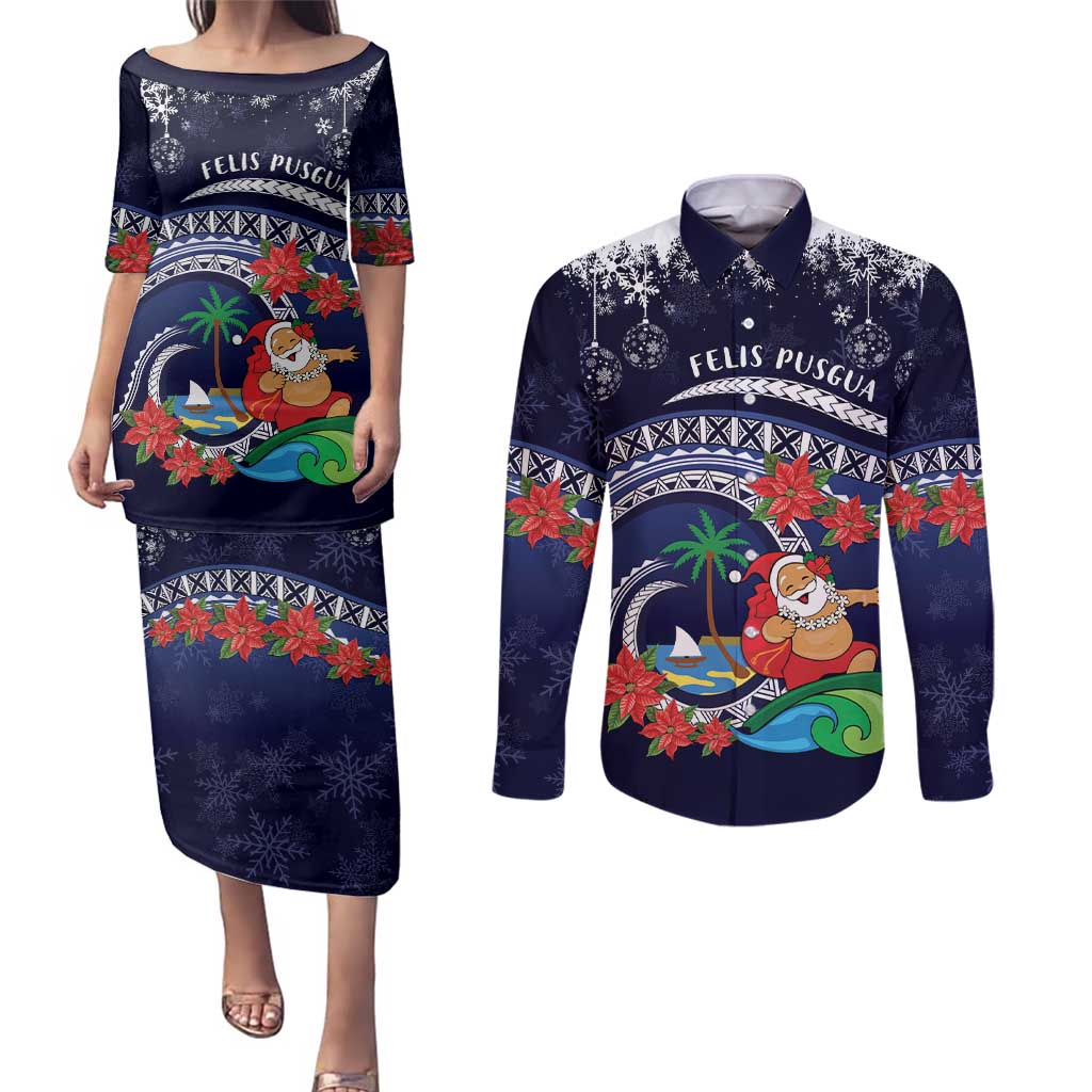 Felis Pusgua Guam Santa Couples Matching Puletasi and Long Sleeve Button Shirt Merry Christmas with Polynesian Tribal