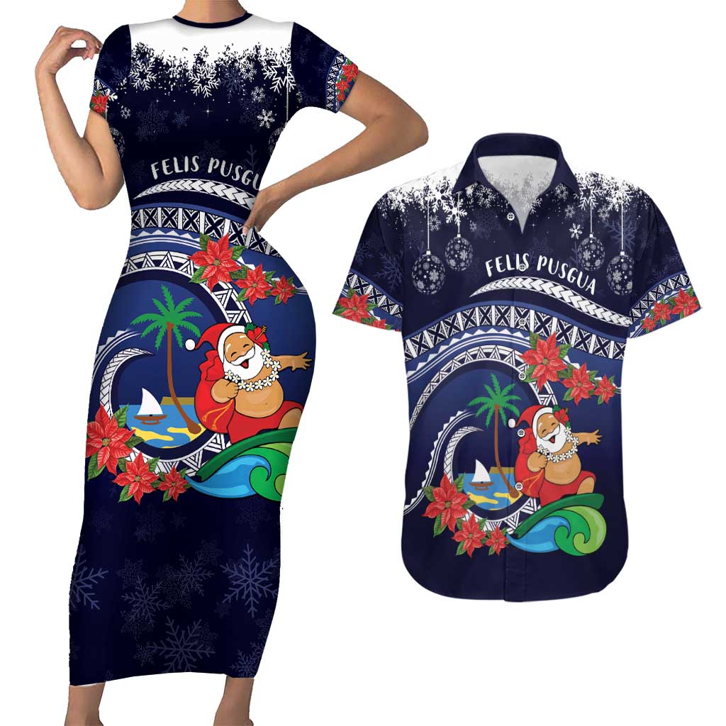 Felis Pusgua Guam Santa Couples Matching Short Sleeve Bodycon Dress and Hawaiian Shirt Merry Christmas with Polynesian Tribal