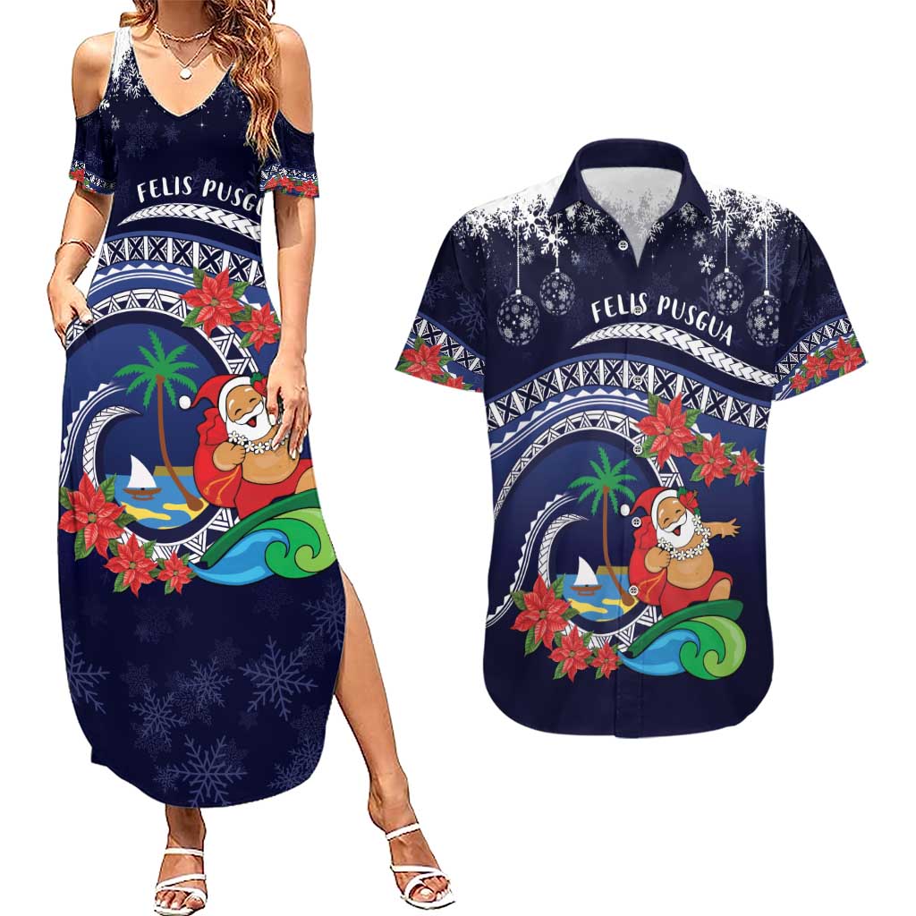 Felis Pusgua Guam Santa Couples Matching Summer Maxi Dress and Hawaiian Shirt Merry Christmas with Polynesian Tribal