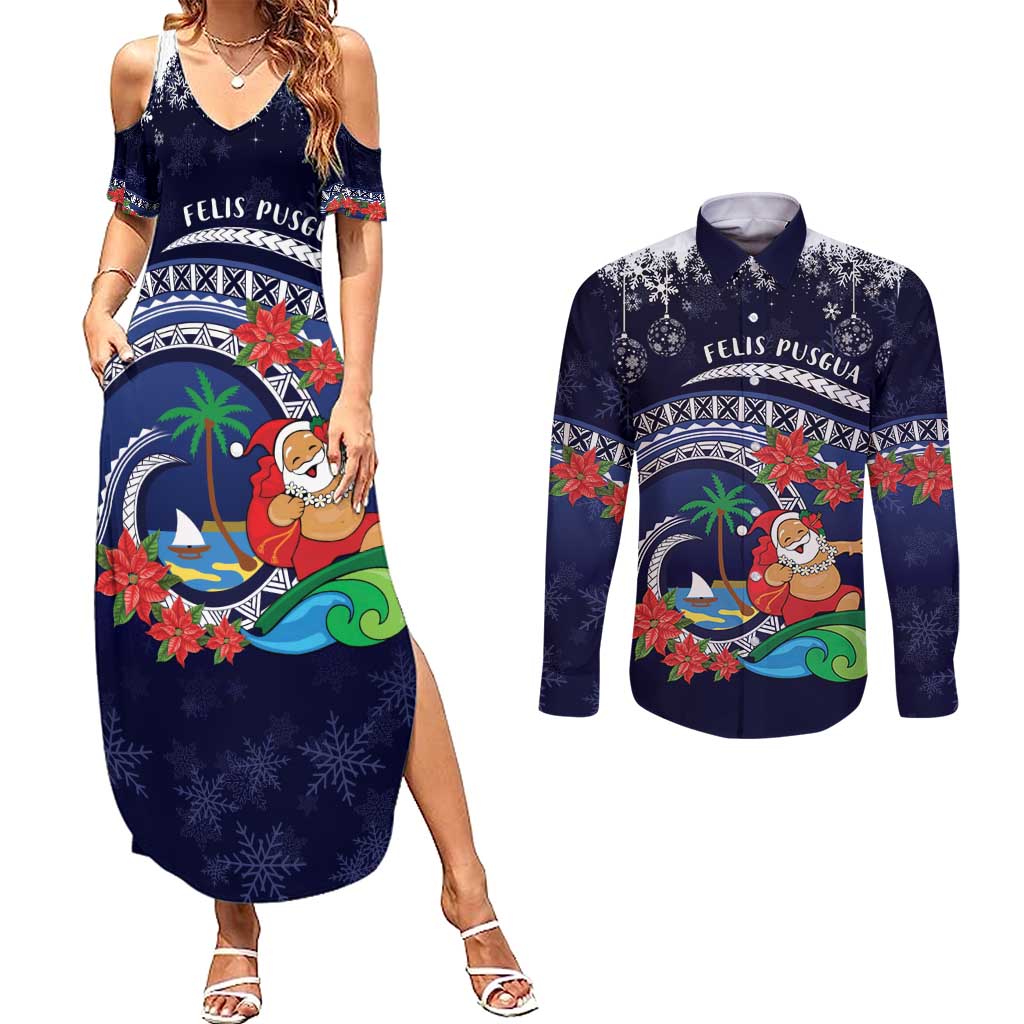 Felis Pusgua Guam Santa Couples Matching Summer Maxi Dress and Long Sleeve Button Shirt Merry Christmas with Polynesian Tribal