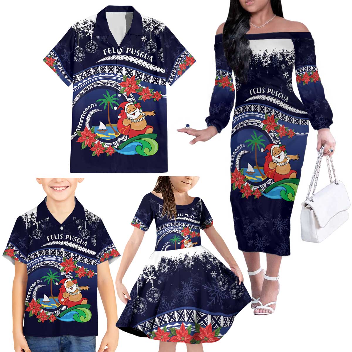 Felis Pusgua Guam Santa Family Matching Off The Shoulder Long Sleeve Dress and Hawaiian Shirt Merry Christmas with Polynesian Tribal