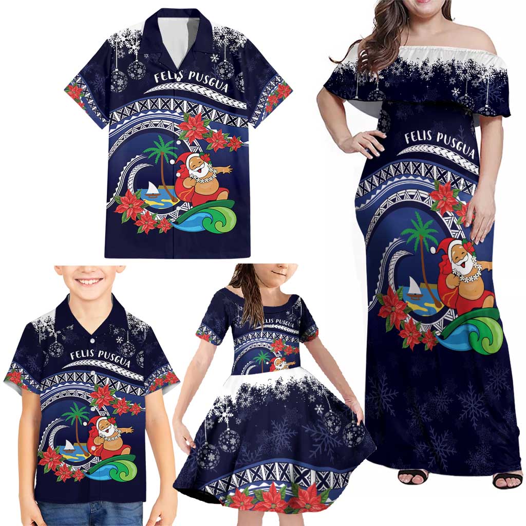 Felis Pusgua Guam Santa Family Matching Off Shoulder Maxi Dress and Hawaiian Shirt Merry Christmas with Polynesian Tribal