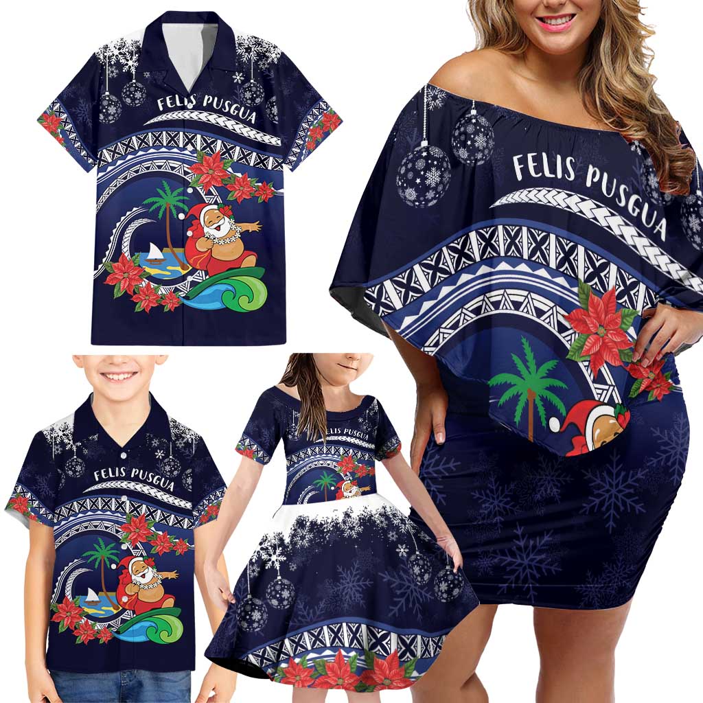 Felis Pusgua Guam Santa Family Matching Off Shoulder Short Dress and Hawaiian Shirt Merry Christmas with Polynesian Tribal