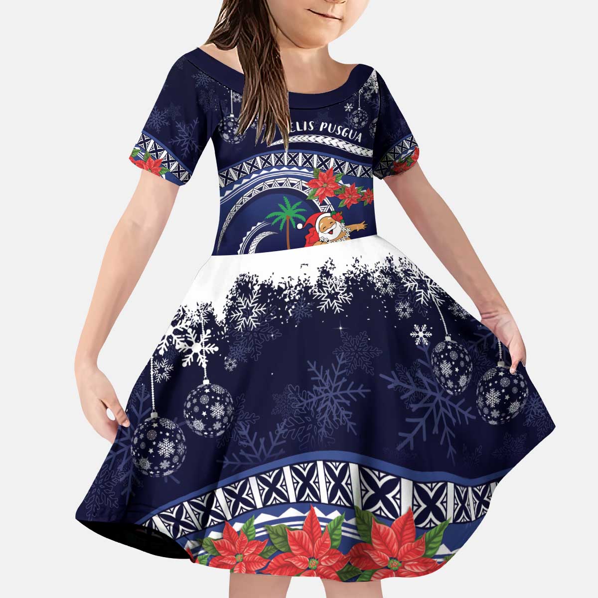 Felis Pusgua Guam Santa Kid Short Sleeve Dress Merry Christmas with Polynesian Tribal