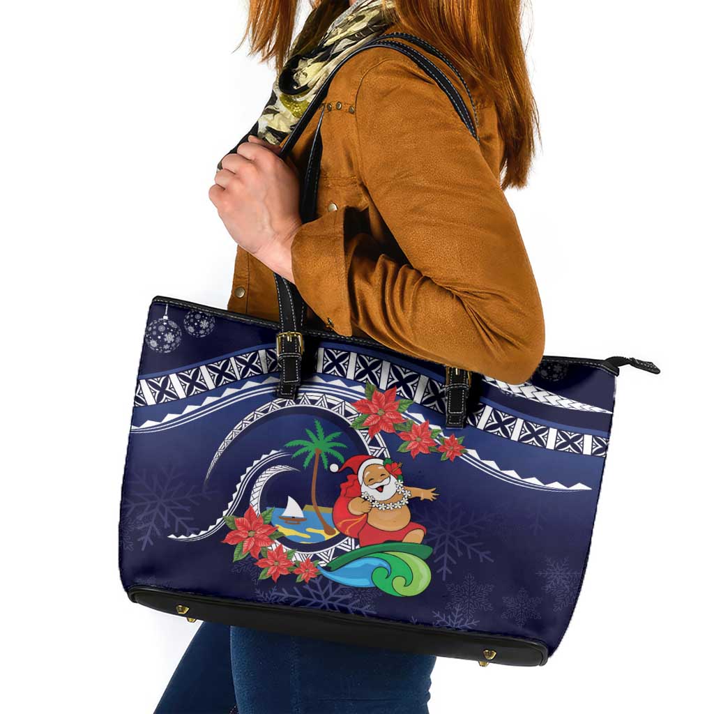 Felis Pusgua Guam Santa Leather Tote Bag Merry Christmas with Polynesian Tribal LT9 Blue - Polynesian Pride