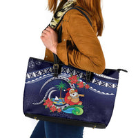 Felis Pusgua Guam Santa Leather Tote Bag Merry Christmas with Polynesian Tribal LT9 Blue - Polynesian Pride