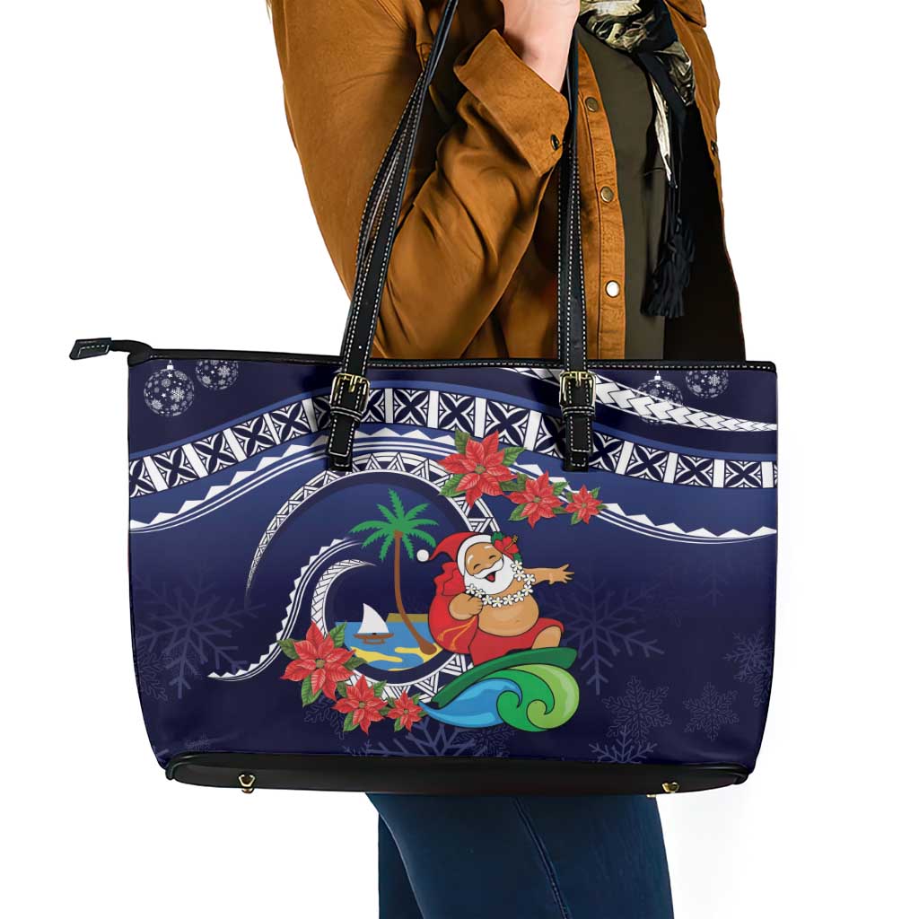 Felis Pusgua Guam Santa Leather Tote Bag Merry Christmas with Polynesian Tribal LT9 - Polynesian Pride