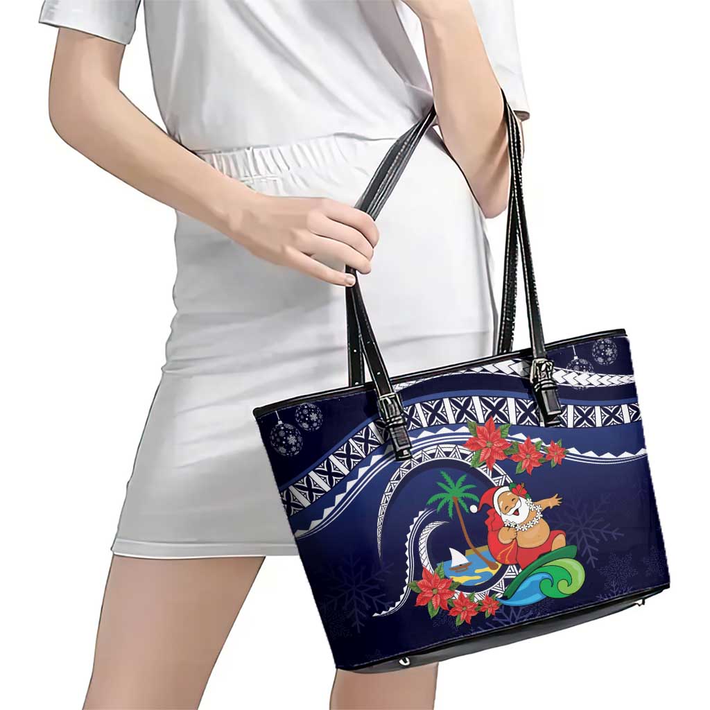 Felis Pusgua Guam Santa Leather Tote Bag Merry Christmas with Polynesian Tribal LT9 - Polynesian Pride