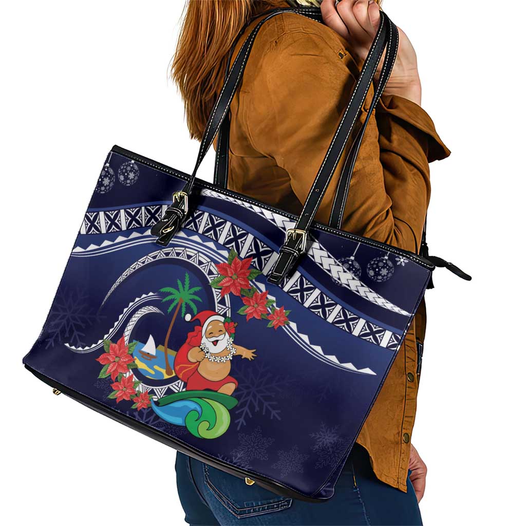 Felis Pusgua Guam Santa Leather Tote Bag Merry Christmas with Polynesian Tribal LT9 - Polynesian Pride