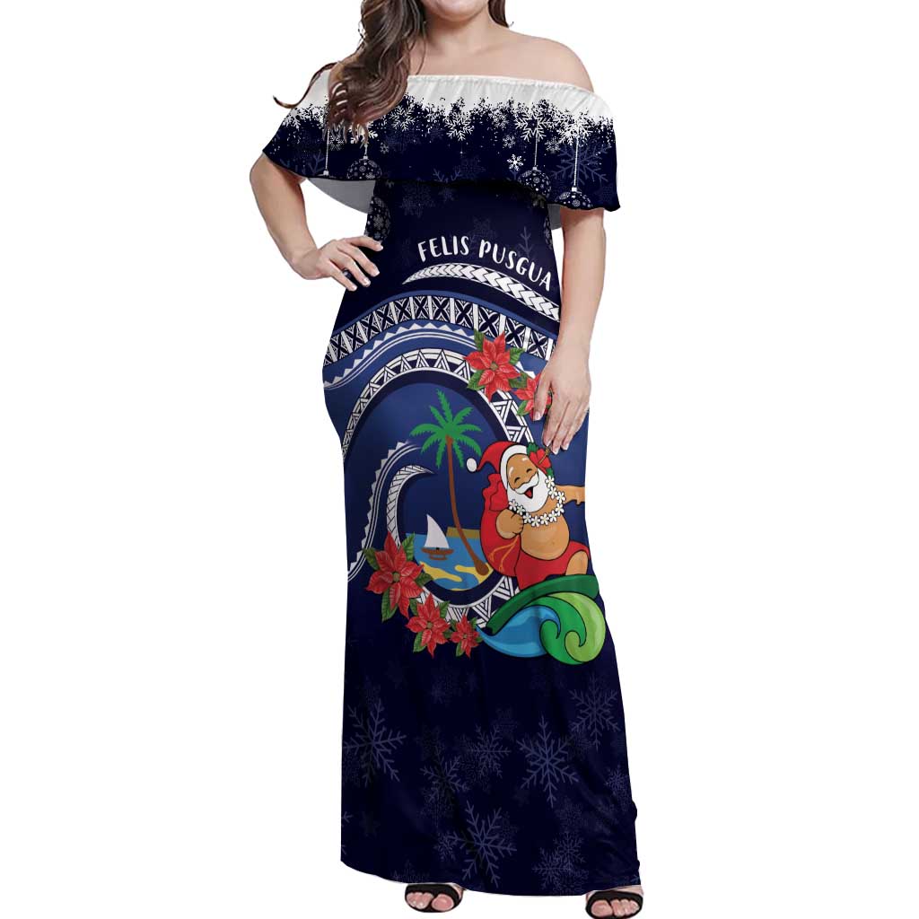 Felis Pusgua Guam Santa Off Shoulder Maxi Dress Merry Christmas with Polynesian Tribal