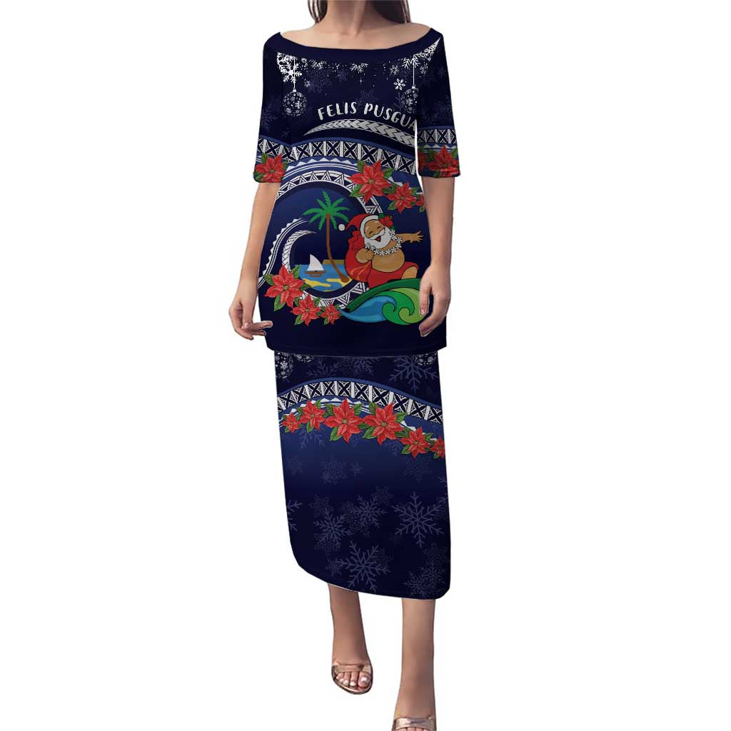 Felis Pusgua Guam Santa Puletasi Merry Christmas with Polynesian Tribal LT9 Long Dress Blue - Polynesian Pride