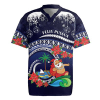 Felis Pusgua Guam Santa Rugby Jersey Merry Christmas with Polynesian Tribal LT9 Blue - Polynesian Pride