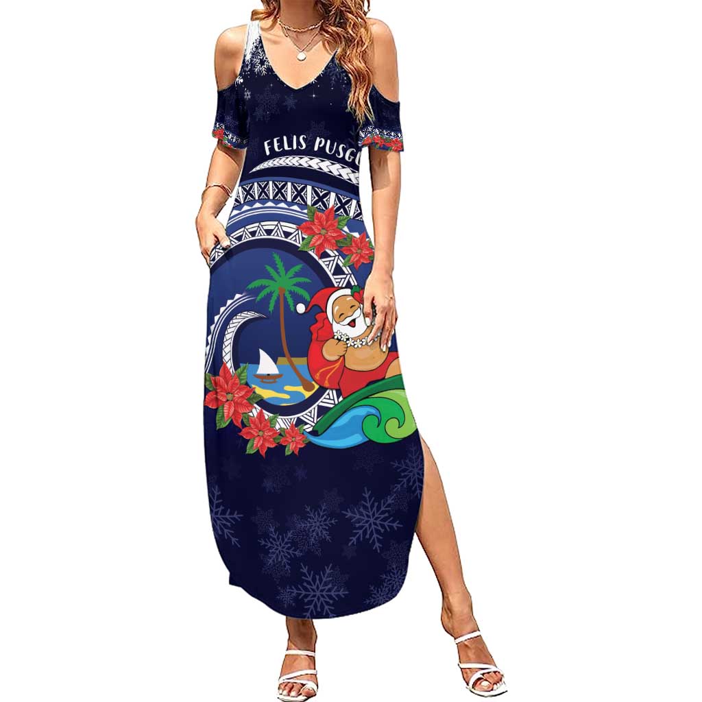 Felis Pusgua Guam Santa Summer Maxi Dress Merry Christmas with Polynesian Tribal LT9 Women Blue - Polynesian Pride