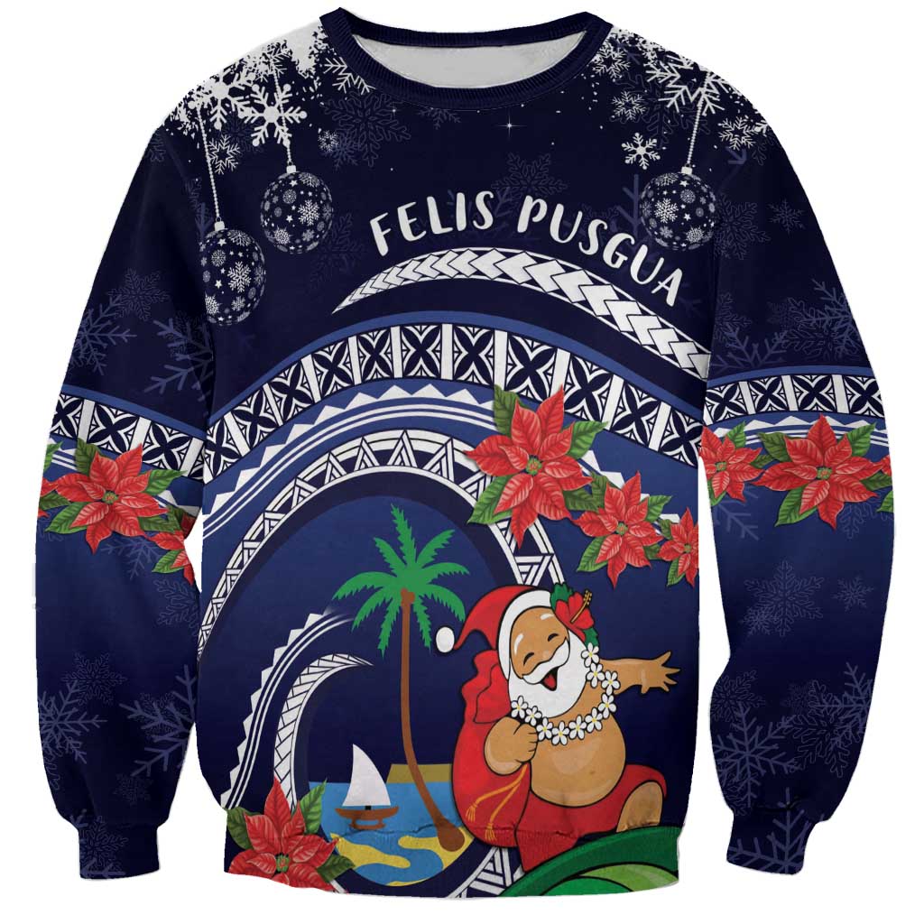 Felis Pusgua Guam Santa Sweatshirt Merry Christmas with Polynesian Tribal LT9 Unisex Blue - Polynesian Pride