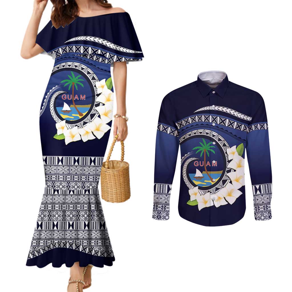Hafai Adai Guam Guasalis Couples Matching Mermaid Dress and Long Sleeve Button Shirt Polynesian Tribal Pattern LT9 Blue - Polynesian Pride