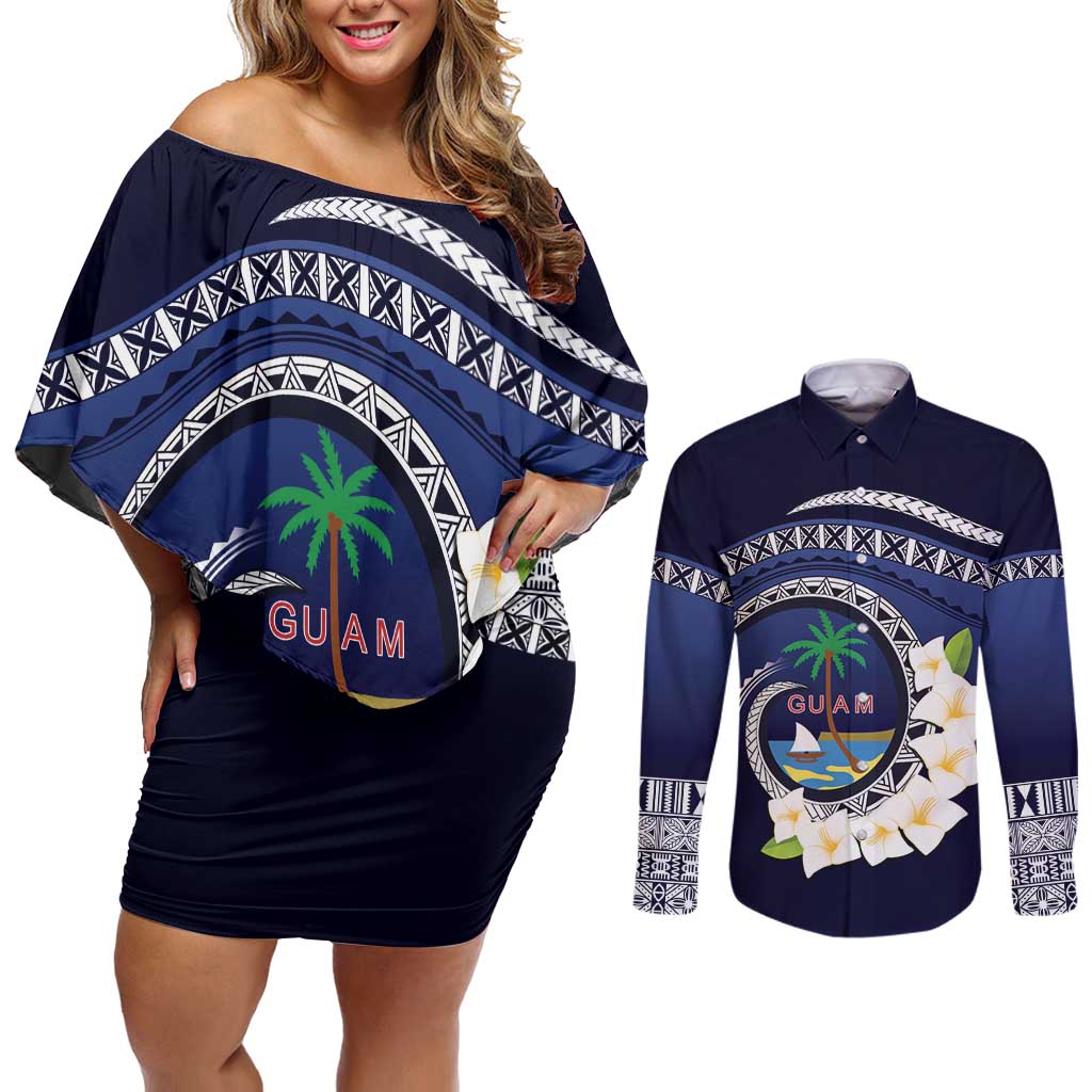 Hafai Adai Guam Guasalis Couples Matching Off Shoulder Short Dress and Long Sleeve Button Shirt Polynesian Tribal Pattern