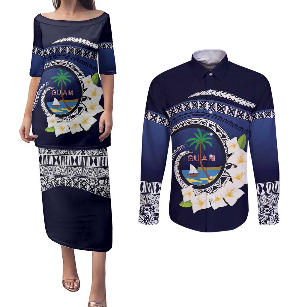 Hafai Adai Guam Guasalis Couples Matching Puletasi and Long Sleeve Button Shirt Polynesian Tribal Pattern LT9 Blue - Polynesian Pride
