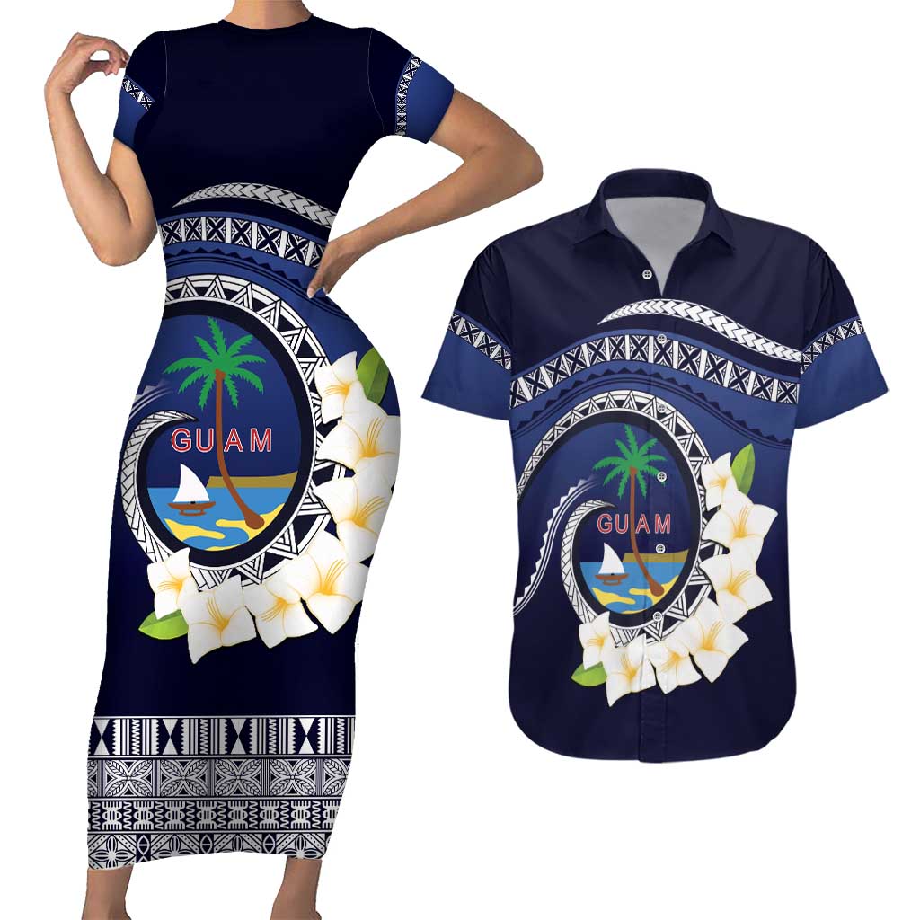 Hafai Adai Guam Guasalis Couples Matching Short Sleeve Bodycon Dress and Hawaiian Shirt Polynesian Tribal Pattern LT9 Blue - Polynesian Pride