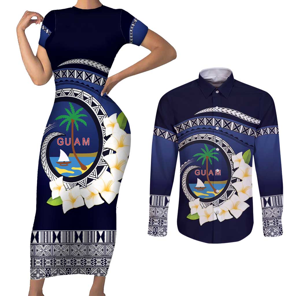 Hafai Adai Guam Guasalis Couples Matching Short Sleeve Bodycon Dress and Long Sleeve Button Shirt Polynesian Tribal Pattern LT9 Blue - Polynesian Pride