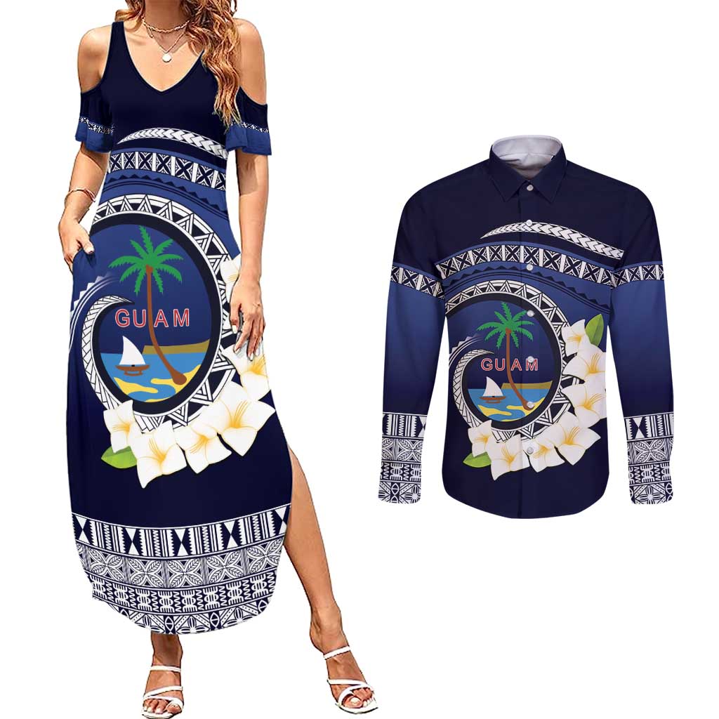 Hafai Adai Guam Guasalis Couples Matching Summer Maxi Dress and Long Sleeve Button Shirt Polynesian Tribal Pattern LT9 Blue - Polynesian Pride