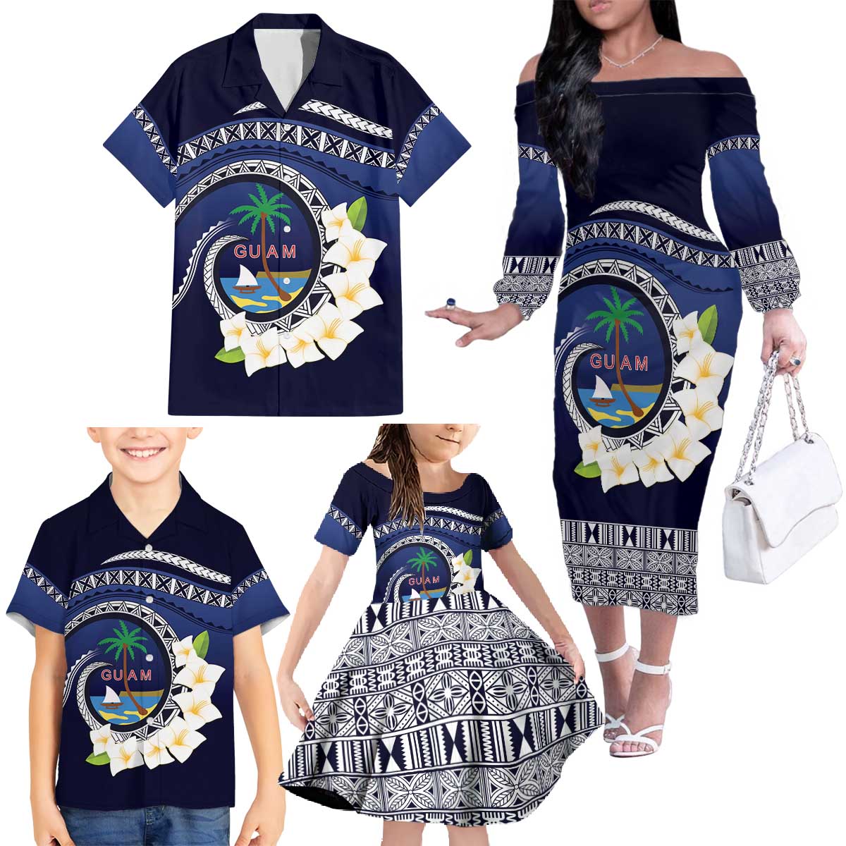 Hafai Adai Guam Guasalis Family Matching Off The Shoulder Long Sleeve Dress and Hawaiian Shirt Polynesian Tribal Pattern