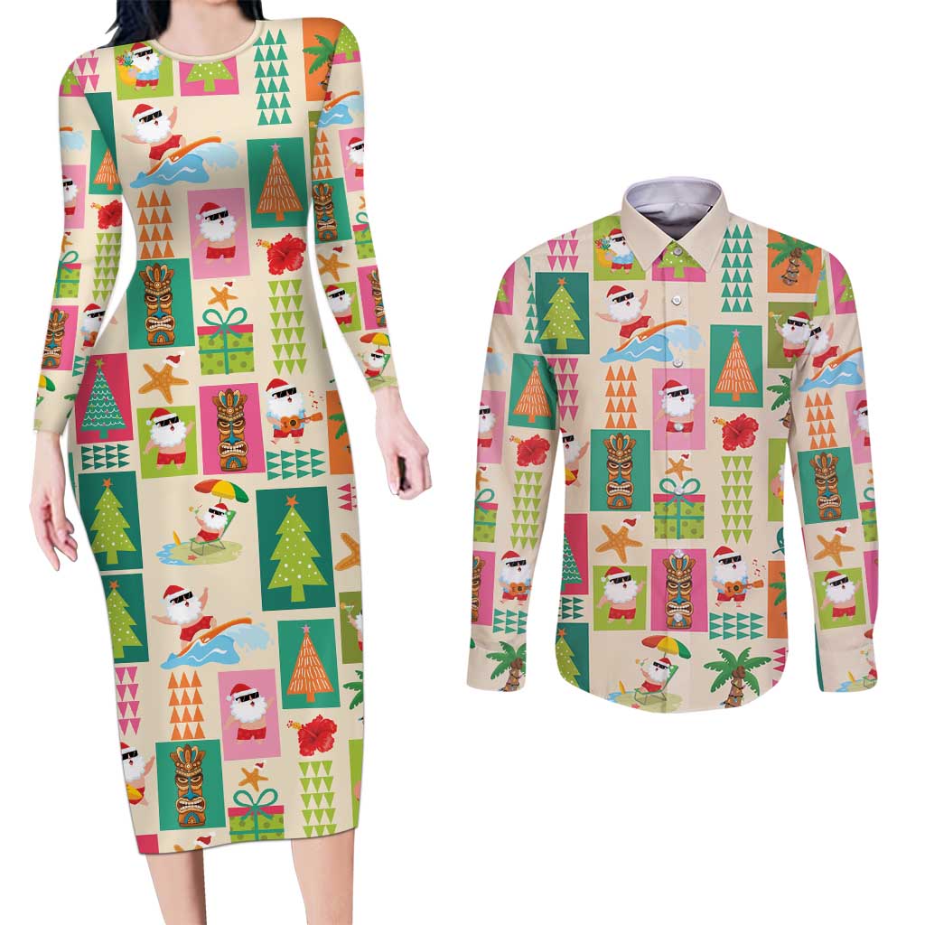Mele Kalikimaka Hawaii Christmas Couples Matching Long Sleeve Bodycon Dress and Long Sleeve Button Shirt Funny Santan Hippie Style LT9 Beige - Polynesian Pride