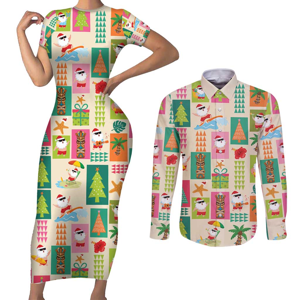 Mele Kalikimaka Hawaii Christmas Couples Matching Short Sleeve Bodycon Dress and Long Sleeve Button Shirt Funny Santan Hippie Style LT9 Beige - Polynesian Pride