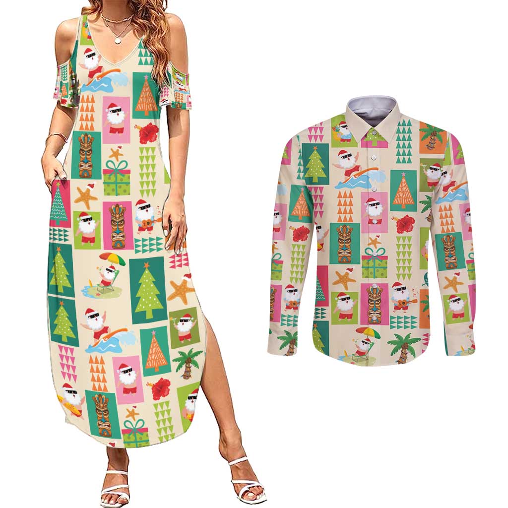 Mele Kalikimaka Hawaii Christmas Couples Matching Summer Maxi Dress and Long Sleeve Button Shirt Funny Santan Hippie Style LT9 Beige - Polynesian Pride