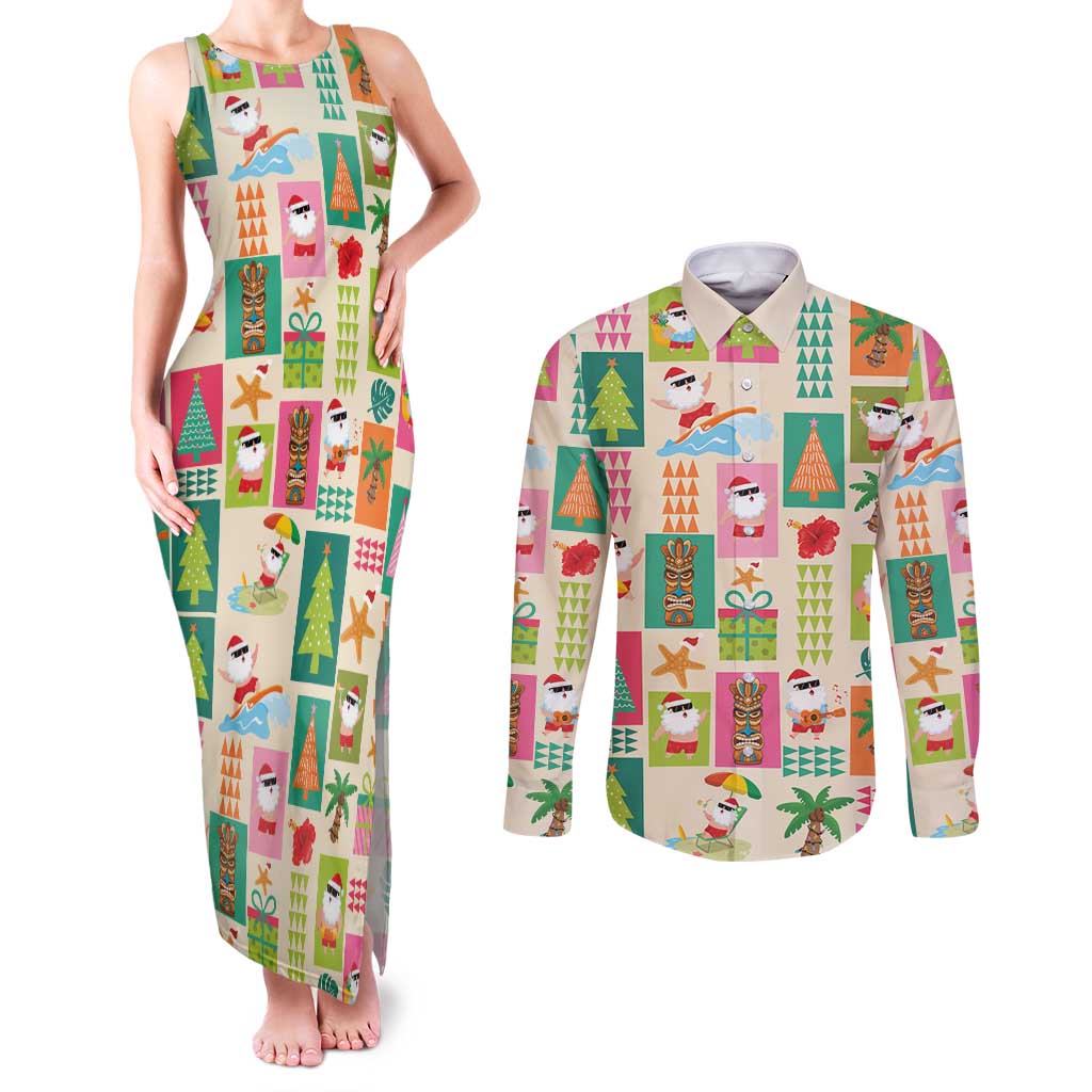 Mele Kalikimaka Hawaii Christmas Couples Matching Tank Maxi Dress and Long Sleeve Button Shirt Funny Santan Hippie Style LT9 Beige - Polynesian Pride