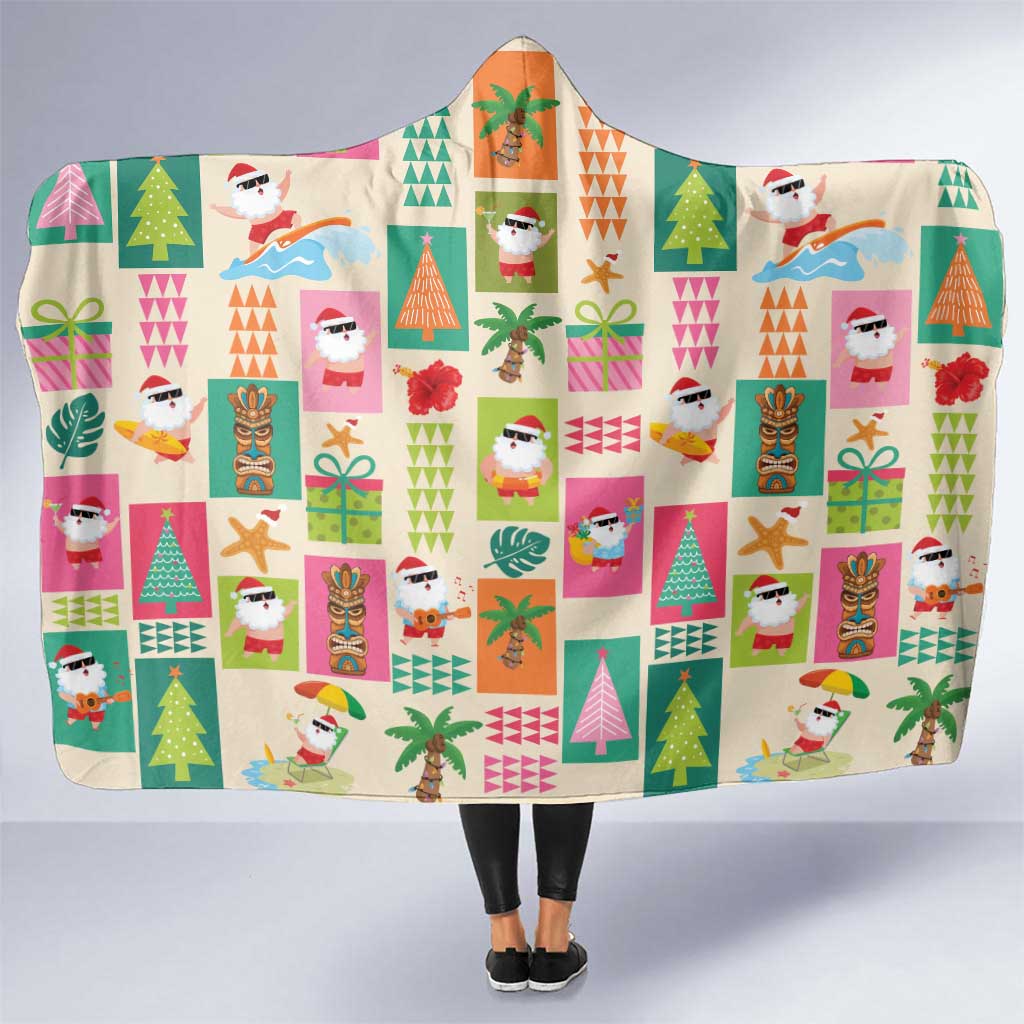 Mele Kalikimaka Hawaii Christmas Hooded Blanket Funny Santan Hippie Style LT9 One Size Beige - Polynesian Pride