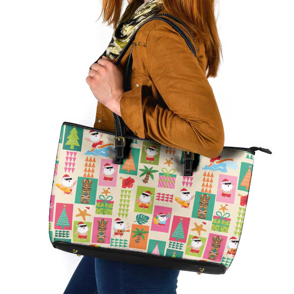 Mele Kalikimaka Hawaii Christmas Leather Tote Bag Funny Santan Hippie Style LT9 Beige - Polynesian Pride