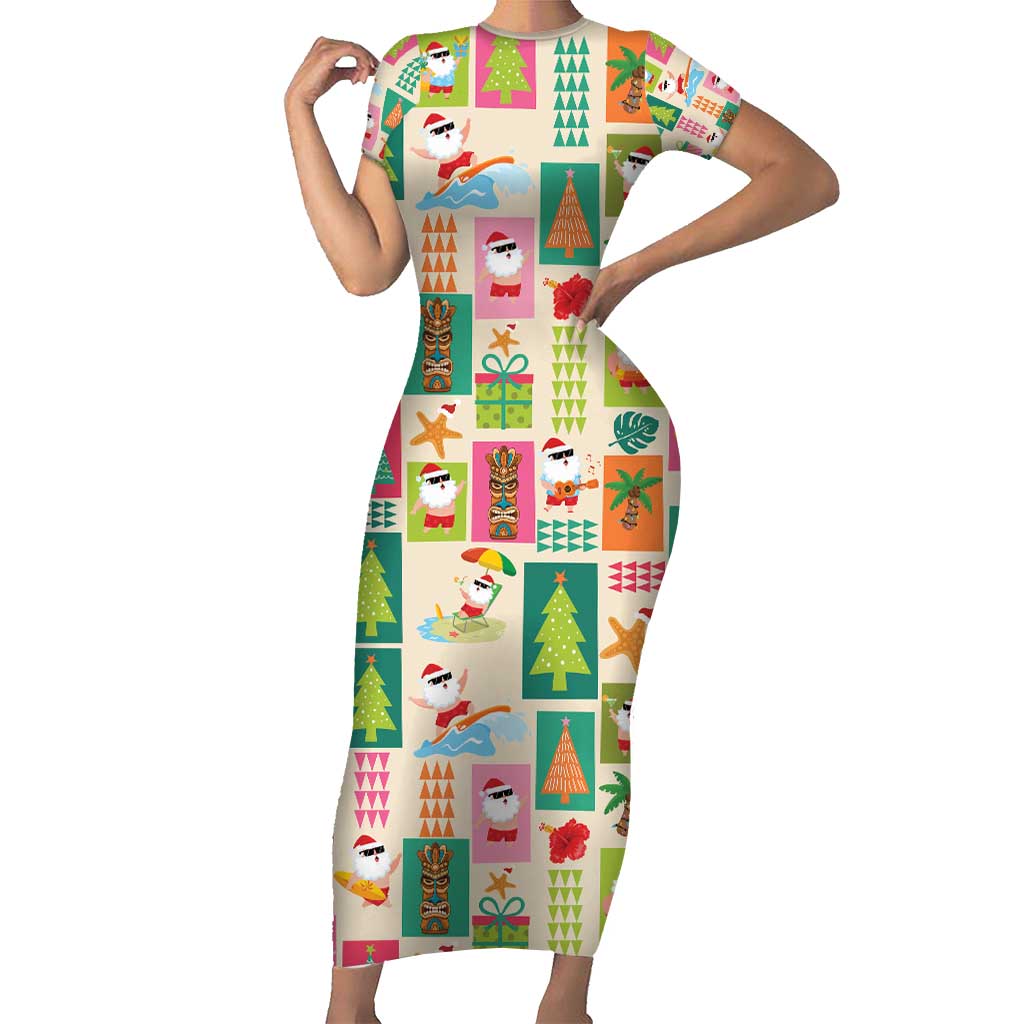 Mele Kalikimaka Hawaii Christmas Short Sleeve Bodycon Dress Funny Santan Hippie Style